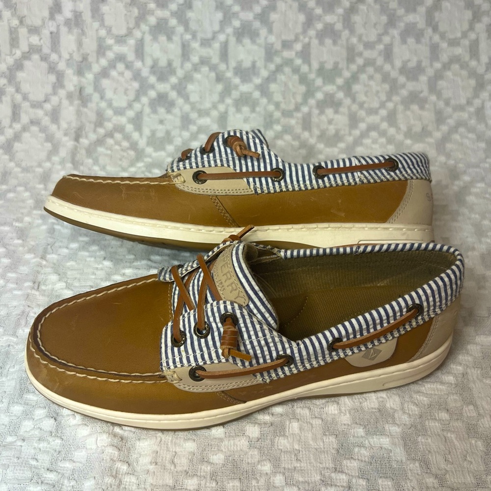 Brand new Sperry Rosefish seersucker tan top sider boat shoes